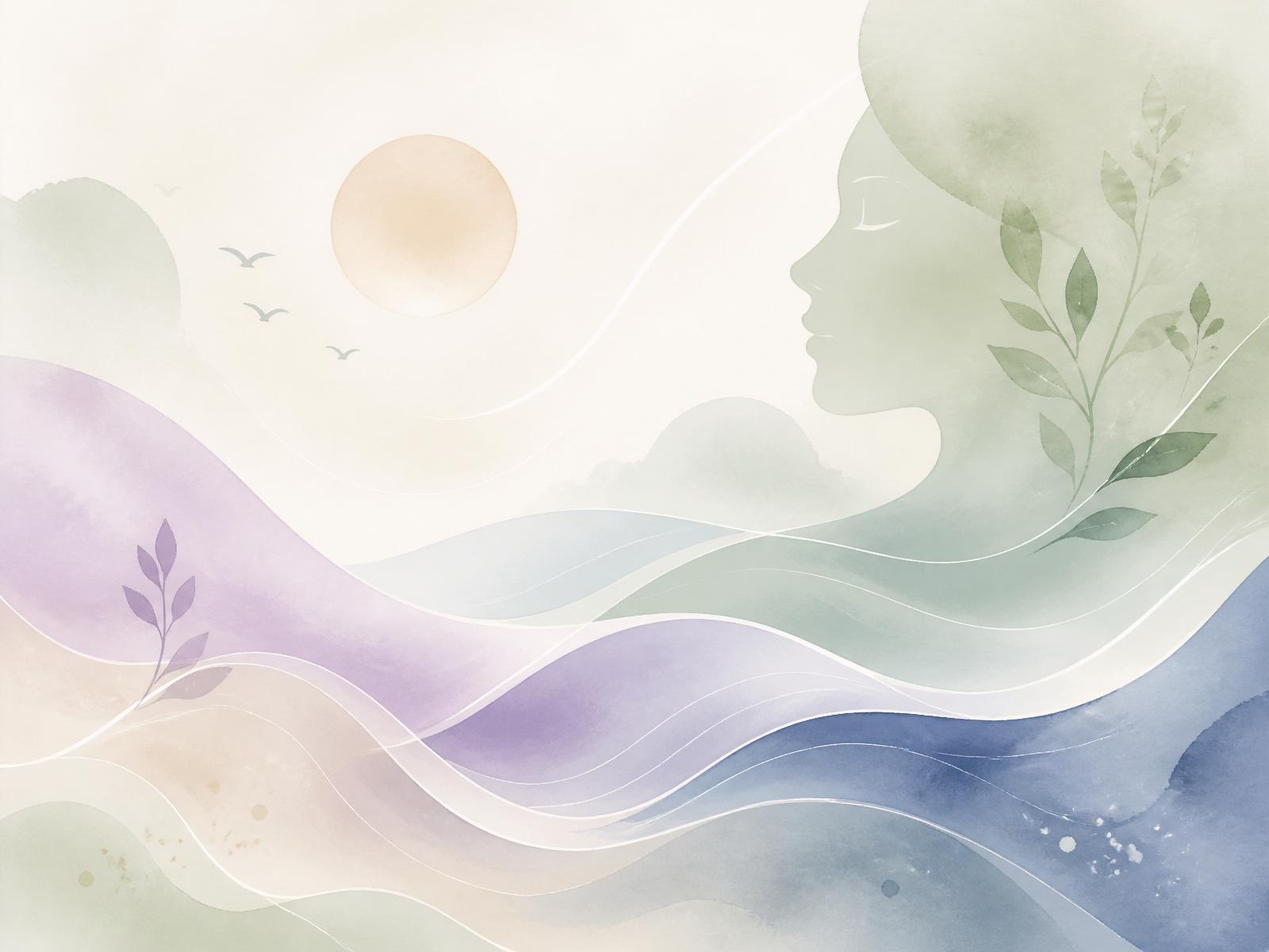 Ilustração acolhedora com ondas e folhas em tons pastel